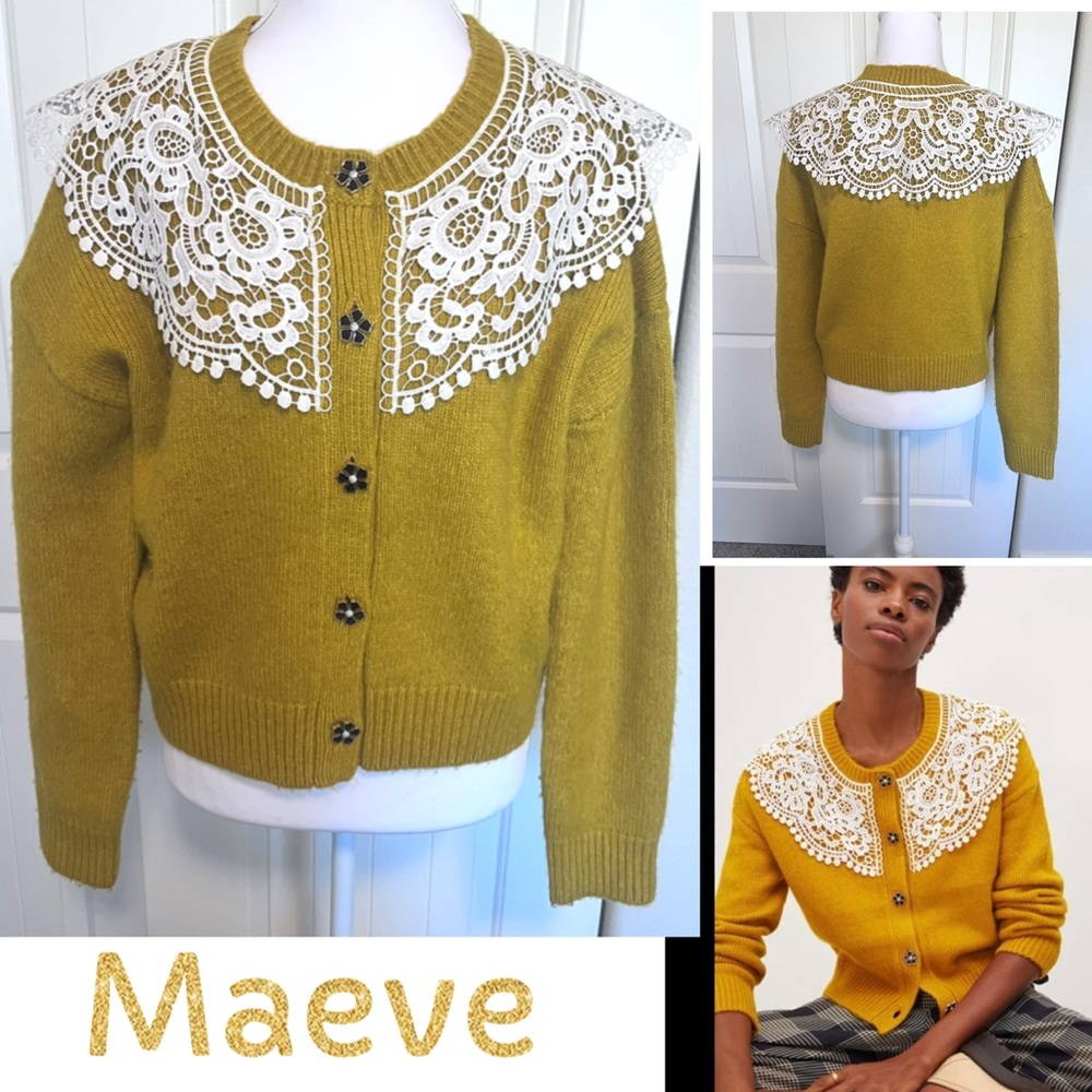 Maeve Anthropologie Mustard Cardigan White Lace collar Flower buttons Sz Small
